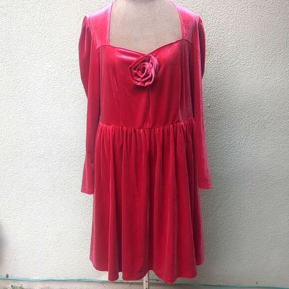 Ava & Viv Dress XXL Rose Velvet Sweetheart Neckline Rosette Midi A-Line - Picture 3 of 12
